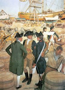 Historical uniform illustration depicting a continental army soldier in 1776 wartime service attire